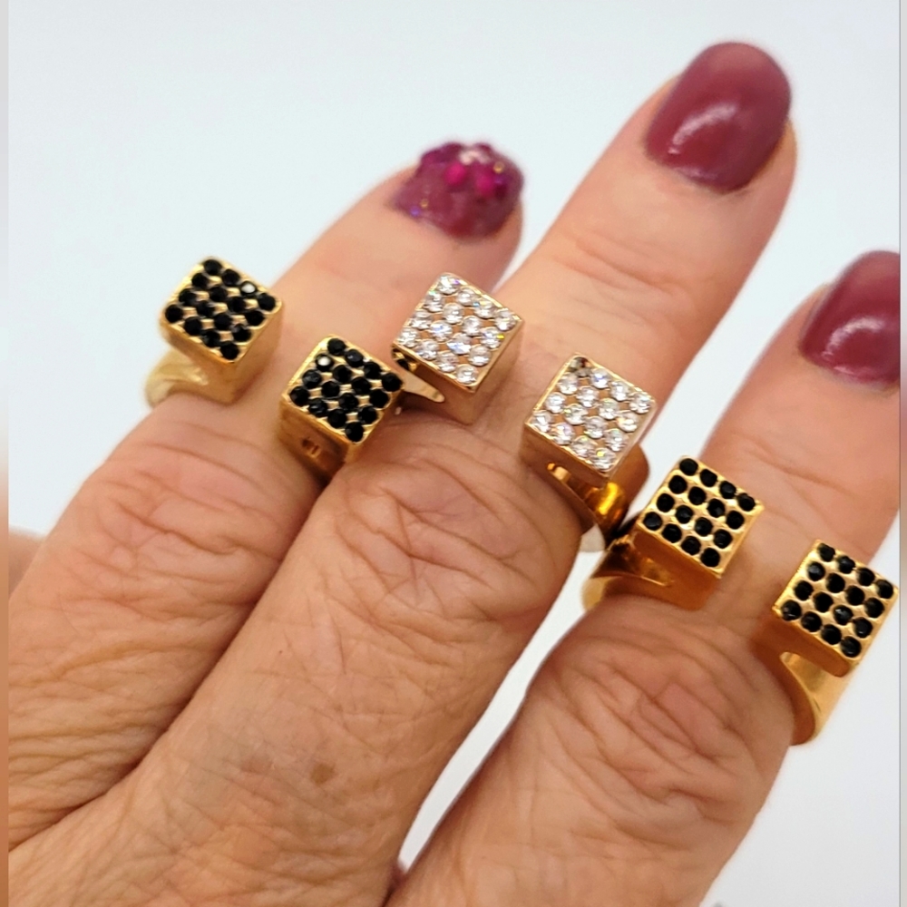 Vita Fede Omega 24k Gold-Plated with Clear & Black Swarovski Crystals Ring New
